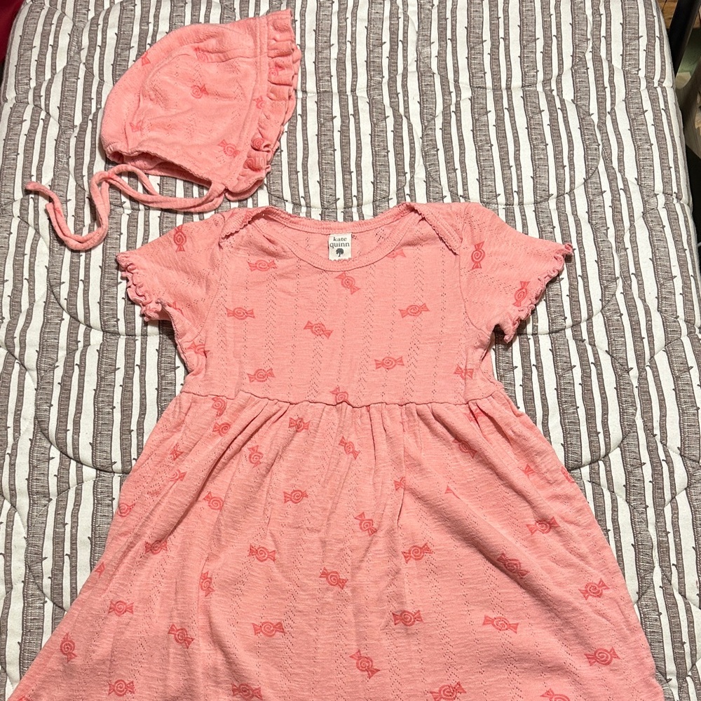 Kate Quinn pink pointelle candy print dress and hat